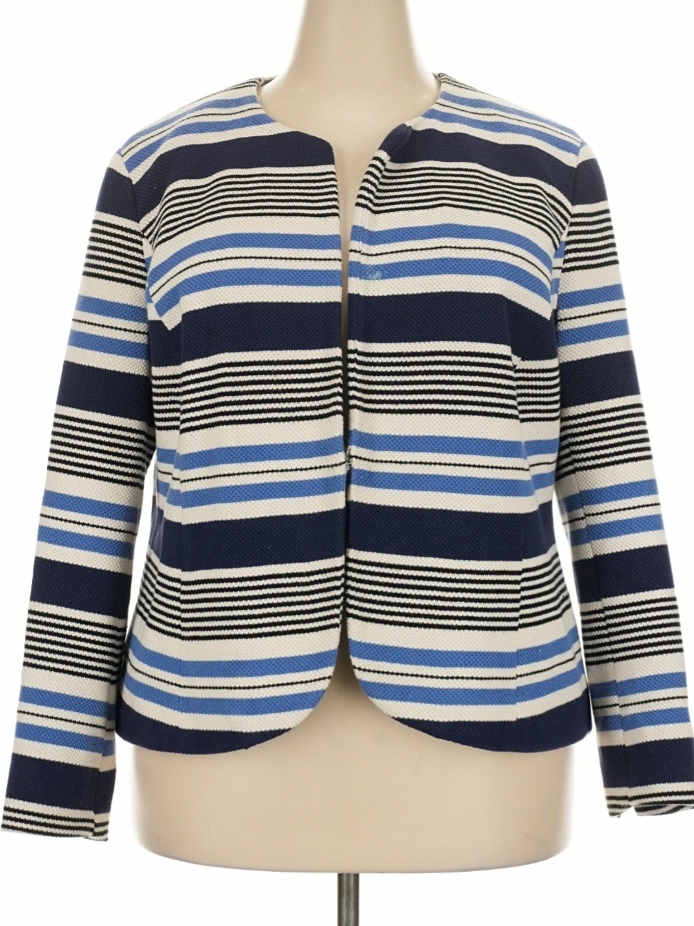 Anne Klein Navy, Light Blue & White Striped Collarless Jacket Sz 18W
